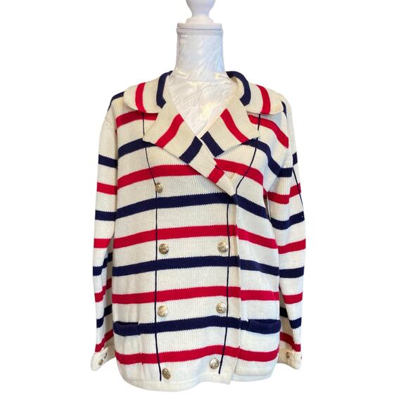 Vintage Sweaters - Vintage White Stripe Double Breasted Sweater Jacket Size Medium 50s Nautical